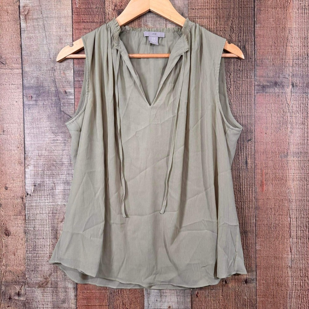 H&M Sage Green Sleeveless Tie Neck Blouse XS Minimalist Capsule